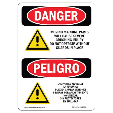 Signmission OSHA Sign, Moving Machine Parts Crushing Bilingual, 5in X 3.5in, 10PK, 3.5" W, 5" H, Spanish, PK10 OS-DS-D-35-VS-1452-10PK